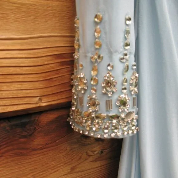 Mac Duggal 26485 Blue Foldover Long Sleeve Jeweled Midi Dress - Picture 8 of 14